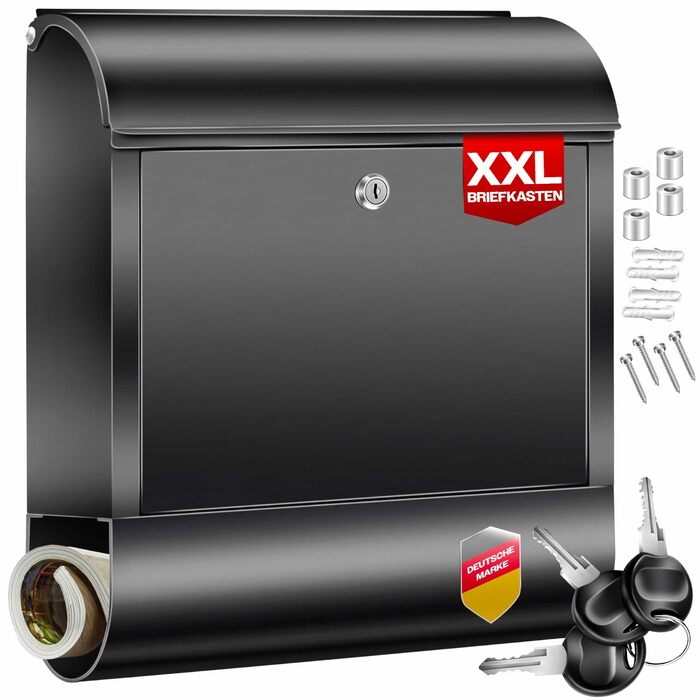 Поштовий ящик настінний KESSER XXL з нержавіючої сталі, з газетницею, замок з 3 ключами, чорний