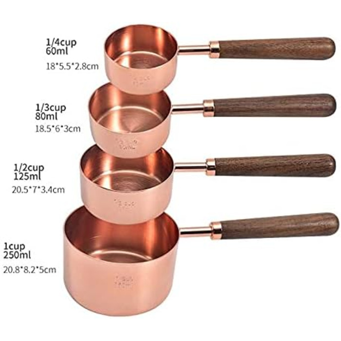 FBHappiness 4-Piece Stainless Steel Measuring Cup Set with Wooden Handle, Measuring Spoons, Gold-Plated Measuring Spoon Set for Baking in the Kitchen (Size: Measuring Cup) (Measuring Cup in Rose Gold)