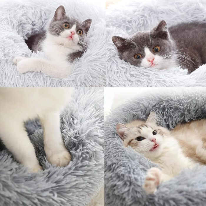 М'яке ліжко для котів та собак: кругле, плюшеве, миється, 70см/60см, білий/світло-сірий