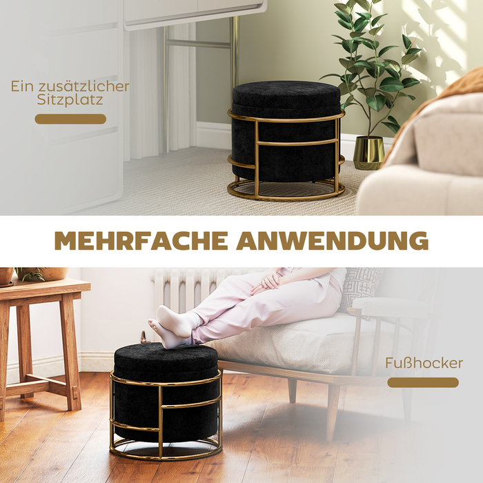 HOMCOM Storage Ottoman, Upholstered Footrest with Metal Frame, Gold Accents, Black