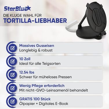 Пресс для тортилій StarBlue з чавуну 10 дюймів (25 см) з 100 шт. паперу для випікання та електронною книгою з рецептами - для приготування чіпаті, тортильї, роті