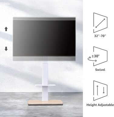 Підставка для телевізора FITUEYES біла з дерев'яною основою, регульована по висоті та поворотна, для телевізорів 32-70 дюймів (плоских та curved), до 40 кг, VESA 600x400