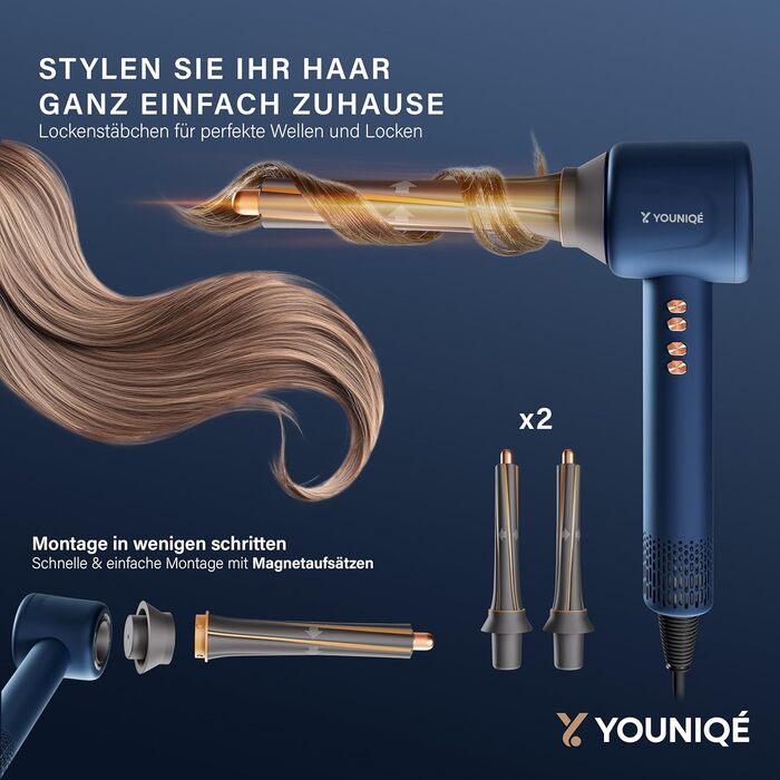 Фен YOUNIQÉ 5-в-1 з іонізацією, насадки для локонів, випрямлення, дифузор та концентратор, 1600W, LED, 4 температурні режими, магнітні насадки, ергономічний дизайн, блакитний/золотий