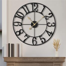 Maxstar Modern Roman Numeral Large Wall Clocks, Non-Ticking Round Metal Silent Vintage Wall Clock for Living Room, Kitchen, Bedroom, Garden Decor - Gold (Black Arabic, 60CM)