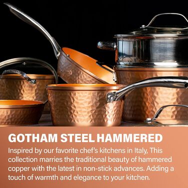 Набір кухонного та десертного посуду Gotham Steel Hammered Copper Collection (15 предметів) з антипригарним покриттям, алюмінієвий. Включає сковорідки (набір з 5 сковорідок)