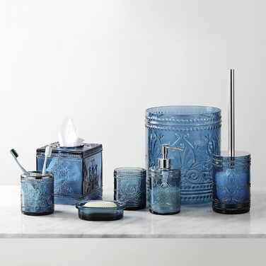 Bathroom accessory set made of heavy blue glass with decorative pressed pattern – includes soap dispenser, tumbler, soap dish, and toothbrush holder (blue)