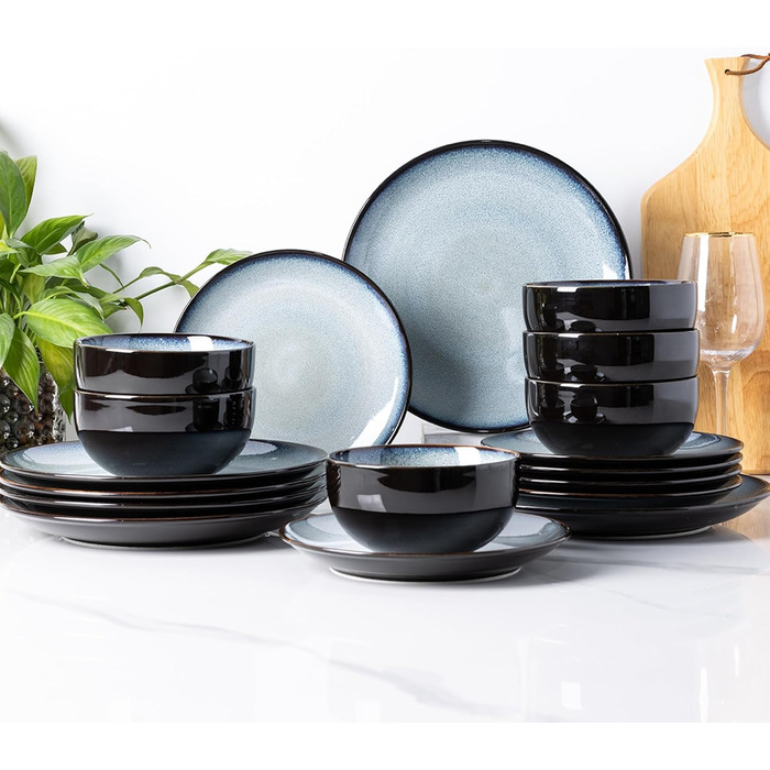 Набір посуду LeRatio для 8 осіб: 24-елементний набір посуду з кераміки з реактивною глазур'ю, стійкий до подряпин, набір тарілок та мисок, придатний для миття в посудомийній машині та використання в мікрохвильовій печі (Ozeanblau, 18 частин)