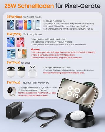 Бездротова зарядна станція 3 в 1 Meifigno 25W для Google Pixel Watch 3/2, 5, 4, чорна