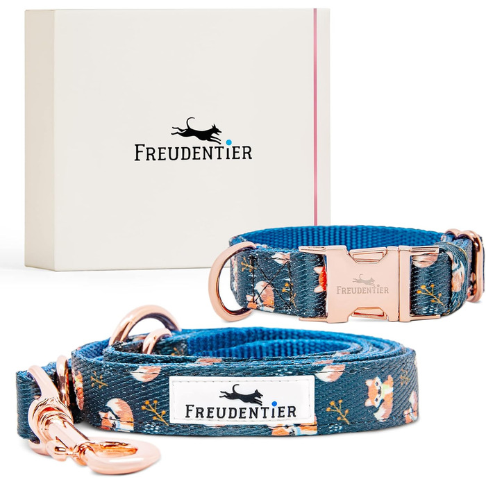 Dog Collar + Dog Leash Set - Includes Gift Box - 3-Way Adjustable Leash 2m - Let's Get Foxy Collection for Small, Medium & Large Dogs
