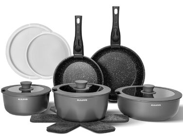 Набір каструль та сковорідок 17 частин з знімним ручками, антипригарне покриття, для всіх типів плит, включаючи індукційні, та духовка, сірий колір