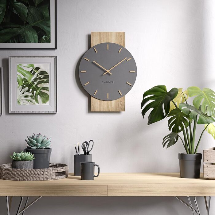 Cander Berlin MNU 2630 Z Wall Clock Silent 41 cm No Ticking Sounds Living Room Modern Vintage Gray Black Wooden Hands