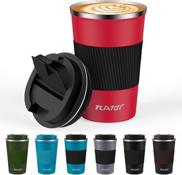 Термокружка для кави з кришкою, 380 мл, з подвійними стінками, з нержавіючої сталі, червоно-чорна