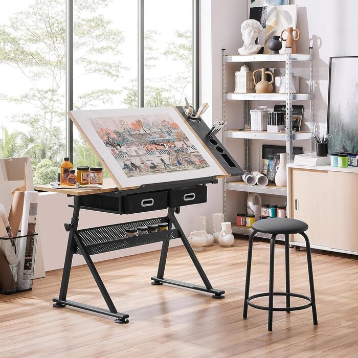 Yaheetech Adjustable Drafting Table with Stool and Drawers - Height Adjustable Desk for Architects, Technicians, and Students - Wood Finish