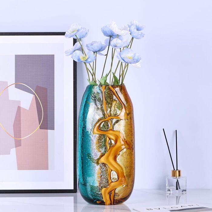 Blue-Green Blown Glass Flower Vase - Unique Murano Style Decor for Bookshelves & Living Rooms
