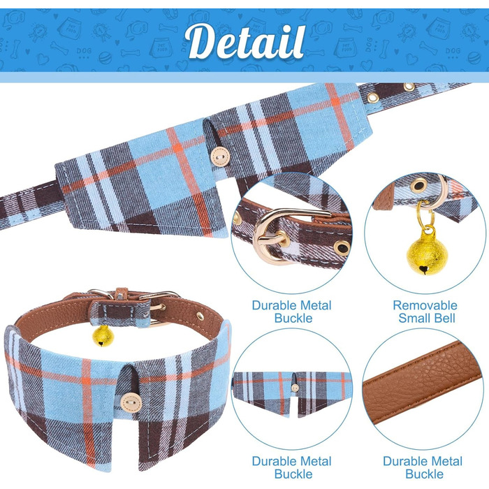 Набір аксесуарів для собак ExPawlorer: ошийник та поводок з бантиком у клітинку, регульований, з дзвіночком, 3 шт. (Himmelblau, X-Small)