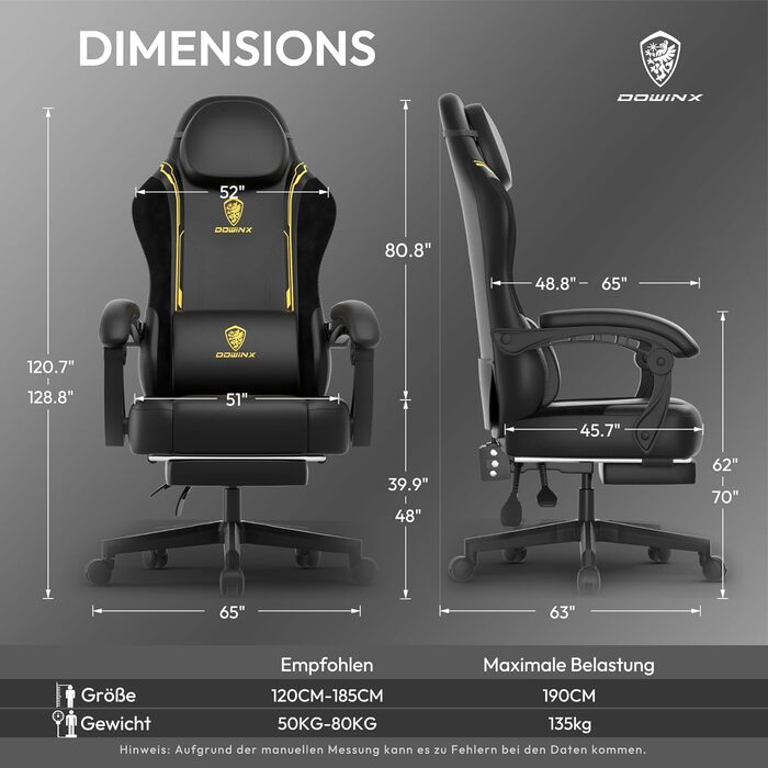 Ігровий крісло Dowinx з PU-шкіри, ергономічний, з підтримкою попереку, для ПК, жовтий, до 150 кг