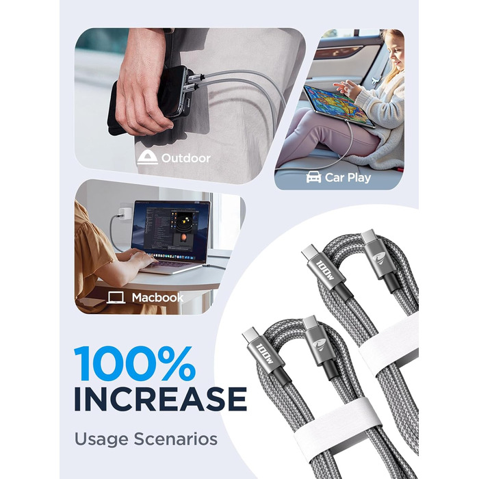 Кабель USB-C на USB-C [2 шт. 2м+2м] 100W, нейлон, сірий. Підтримка швидкої зарядки PD для iPhone, Samsung, iPad, MacBook, Pixel, Switch