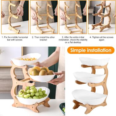 DEECOZY Трирівнева підставка для фруктів та овочів з бамбуком, біла. Організатор для зберігання фруктів, овочів та закусок