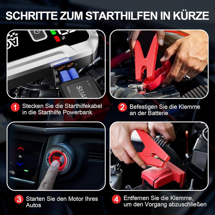 Powerbank для автомобіля Starthilfe 7000A 12V: Зарядний пристрій для авто з LED-ліхтариком, підходить для бензинових та дизельних двигунів до 10.0 л