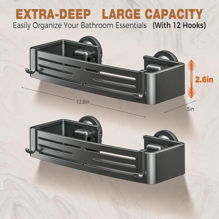 Сучасна поличка для душу Lekesky, стійка до іржі, 2 шт., Gunmetal Grey, алюміній, на присосках, без свердління, з 12 гачками, прямокутна