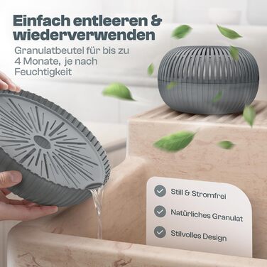 Електричний осушувач повітря Flow для кімнат до 25 м² з новою формулою. Осушувач повітря без електроенергії з гранулами 450г. Абсорбер вологи для комфортного мікроклімату (антрацит)