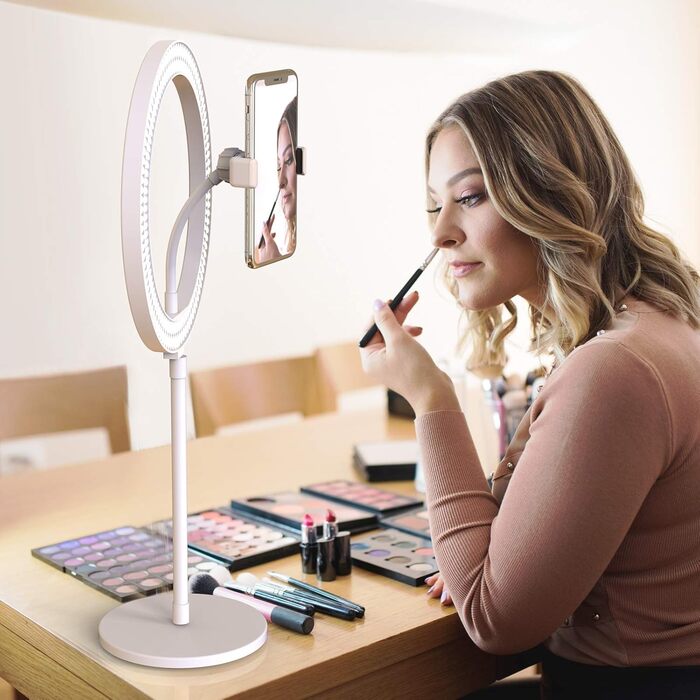 DIGIPOWER Кольцеве світло 11 дюймів, регульована висота (58-168 см), 3 режими освітлення, 10 рівнів яскравості, тримач для телефону (iOS/Android), для макіяжу, YouTube, TikTok та Vlogging. Компактне кільцеве світло 10 дюймів з підставкою