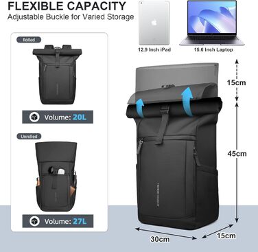 Чорний рюкзак Rolltop 20-27L з відділенням для ноутбука 17