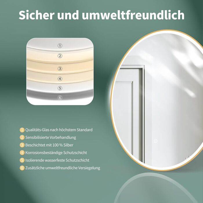 Дзеркало для ванної кімнати HOKO ULM 60 см з підсвічуванням LED, нагрівом проти запотівання та сенсорним вимикачем. Колір: золото. Розміри: 80x80 см