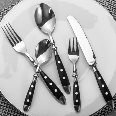 Alata Cutlery Set for 6 People - Rustic Table Cutlery Set Made of Stainless Steel with Black Handles - Forged and Heavy - Berlin Black Series, 30-Piece