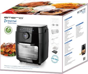 Фритюрниця Emerio XXL з гарячим повітрям, 13 літрів, Airfryer, BPA free, Smart Fryer, мульти-печі з поворотним шампуром та кошиком, дисплей, таймер, функція сушіння, 1800 Вт, AF-121914, чорний, 13 літрів (BPA free)