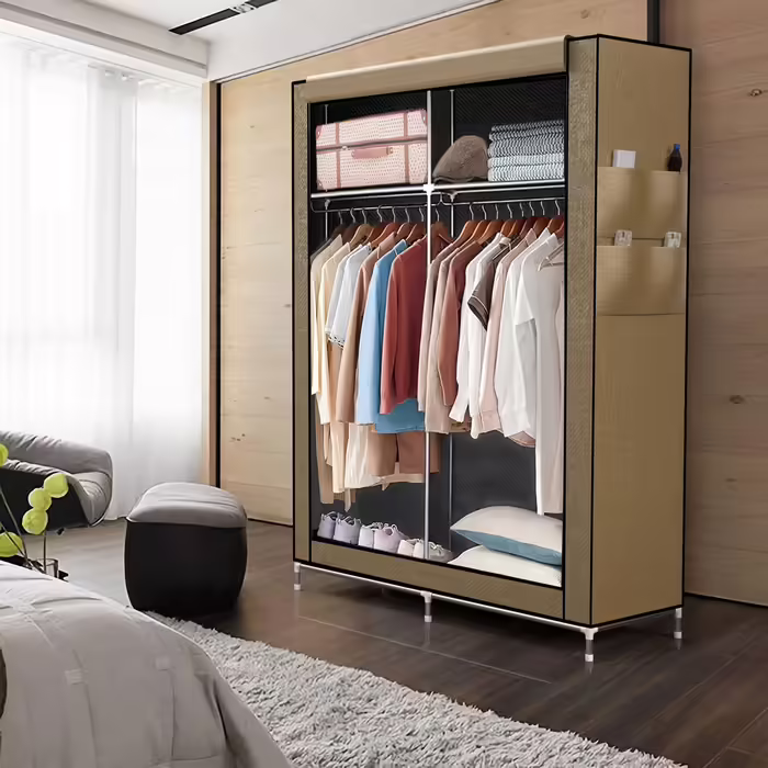 INTIRILIFE Folding Wardrobe 108x170x45 cm in - Fabric wardrobe with zipper and clothes rail, side pocket and compartments - Shelf unit, metal frame, storage (Crème Beige)