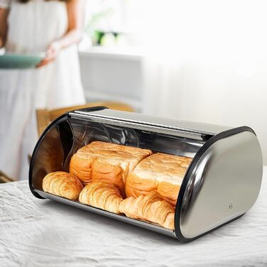 Рибалка Brotkasten з нержавіючої сталі, харчової якості, з кришкою-роллером, 43,5 x 27,5 x 18,5 см, контейнер для хліба, булочок, печива