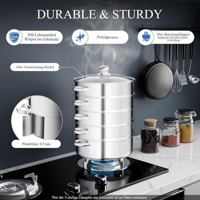 Набір для приготування на пару 5-ти ярусний з нержавіючої сталі, 28 см, з кришкою, для всіх типів плит (індукція, електрокераміка)
