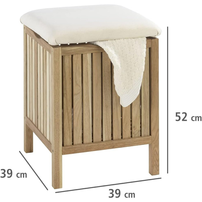 WENKO Badhocker Norway with Laundry Hamper, Storage Bench with Upholstered and Flip-Up Seat as Lid, Solid Walnut Wood, Oiled, Capacity 65 L, (W x H x D): 39 x 52 x 39 cm, Natural