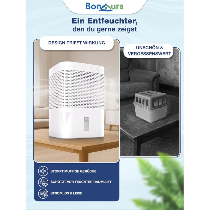 Зволожувач повітря BonAura® без струму до 23 м² | 360° вентиляція | Для дому та квартири | З виливом та 5 гранул по 680г | Захист від плісняви та неприємних запахів