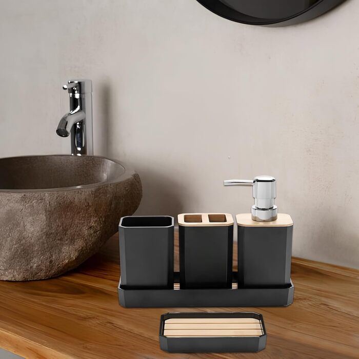 Набір аксесуарів для ванної кімнати Volumoon 5 шт. з бамбука: миловарка, стаканчик для зубної щітки, миловарка, мильниця, чорний. Декоративні аксесуари для ванної та умивальника.
