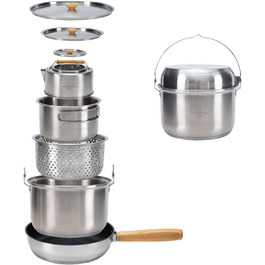 Набір кухонного посуду KingCamp для кемпінгу: нержавіюча сталь 304, для багаття, котелень, каструль, сковорода та чайник з сумкою, для кемпінгу, відпочинку на природі, кухні, приготування їжі, пікніків на 4-6 осіб. Срібний набір посуду