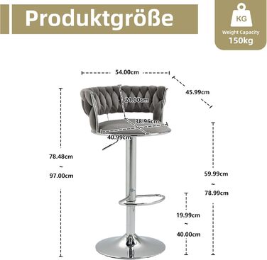Adjustable Velvet Bar Stools 2-Pack with Backrest & Armrests - Ergonomic Swivel Bar Stools with Handwoven Velvet & Gold Legs for Kitchen Island, Bar, Restaurant - Includes Footrest (Silver, Grey)