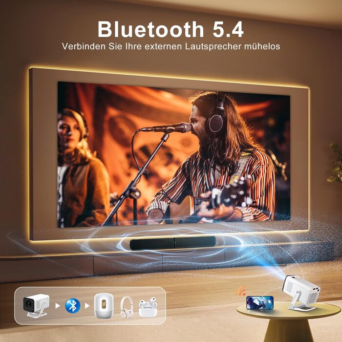 Портативний проєктор ZDSSY Beamer 4K з Wi-Fi 6 та Bluetooth 5.4: міні проєктор для домашнього кіно, автоматичне коригування та ручне фокусування, сумісний з PC/TV Stick/USB/PS5 (білий)