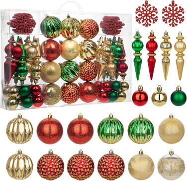 Набір прикрас для ялинки 92 шт. – Стійкі до пошкоджень ялинкові кулі блакитного та золотого кольорів – прикраси для ялинки, вінка, різдвяний декор (червоний та зелений)