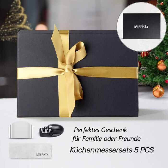 Набір кухонних ножів MOSFiATA 5 предметів з високоякісної вуглецевої нержавіючої сталі: Ніж Накірі 18 см, Універсальний ніж 13 см, Ніж для хліба, Точилка для ножів та Подарункова коробка