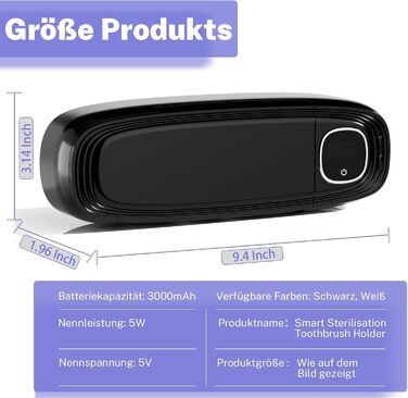 Стерилізатор зубних щіток UV Maxspace з підсвічуванням, настінний, 4 слоти, для ванної кімнати (білий/чорний)