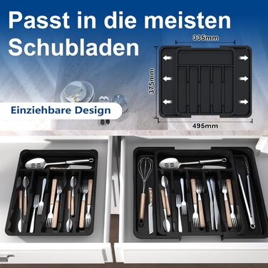 Органайзер для столових приборів в шухляду 40 см, чорний, пластиковий, з регульованими перегородками (6-8 відділень)