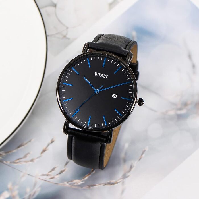 Годинник чоловічий BUREI, аналоговий кварцовий годинник з сітчатим ремінцем, мінімалістичний дизайн, чорний/синій, ідеальний подарунок для чоловіків