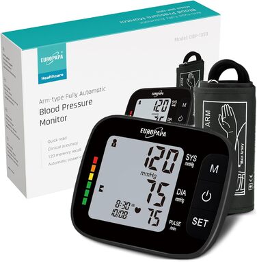 Тонометр EUROPAPA на плече для дому, вимірювання пульсу та артеріального тиску, велика манжета (22-42 см), 2 * 60 пам'ять, для 2 користувачів (чорний)