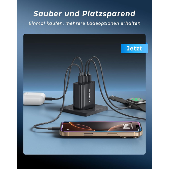 Зарядний пристрій ZKAPOR USB-C з 4 портами, 40W, з підтримкою PD та QC, для iPhone 16/15/14, Samsung Galaxy, Huawei, iPad Pro/Air, білий/чорний