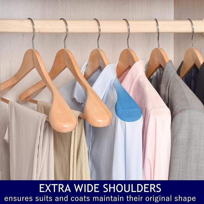 Amber Home 10-Piece 44.5cm Natural Wooden Clothes Hangers with Wide Shoulders (5.8cm), Sturdy and Shiny Hanger with Round Bar for Suit, Jacket, Coat, Shirt, Trousers