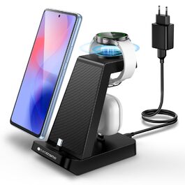 Seacosmo Зарядна станція 3-в-1, 18W для Samsung Galaxy Buds, A55/A54/A35/A34/A16/A15/A14/A06, Galaxy Watch 8/7/6/5/4/3/2/Pro/Classic/Active - Бездротовий зарядний пристрій, чорний