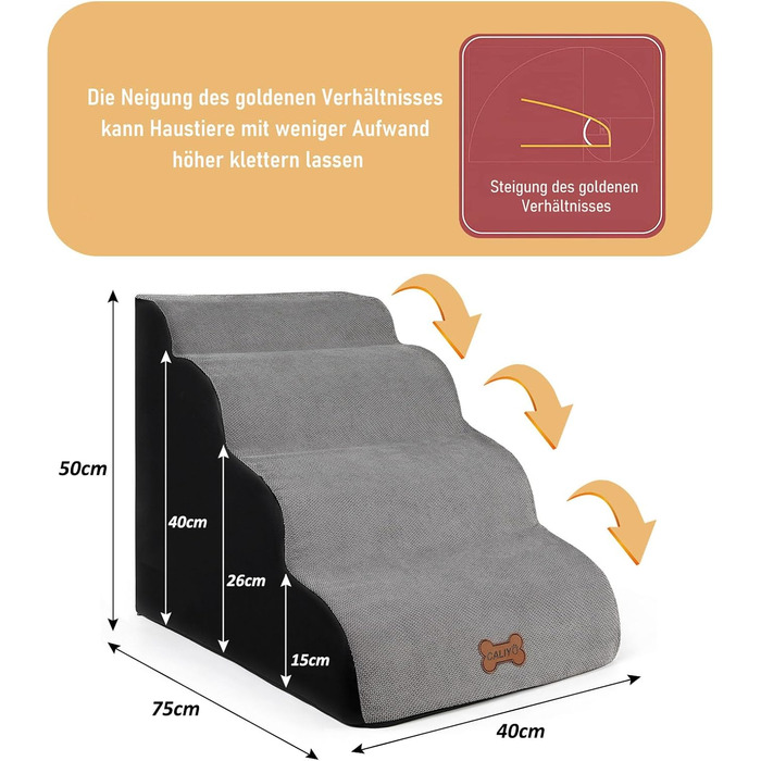 Сходинки для собак Caliyo, 4 сходинки, сірі. Сходи для собак та котів, 40 см, з миючим чохлом та неслизьким дном. Підходять для ліжка, дивану та авто (60×40×40 см)