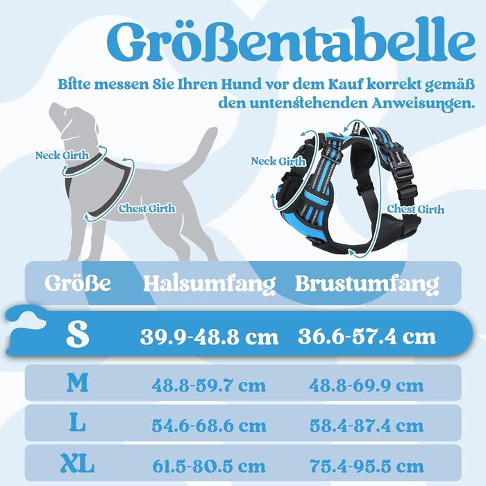 Нашийник для собак Rabbitgoo, великі породи, регульований, проти тяги, з ручкою, м'який, світловідбиваючий, розмір L, блакитний (1 шт.)